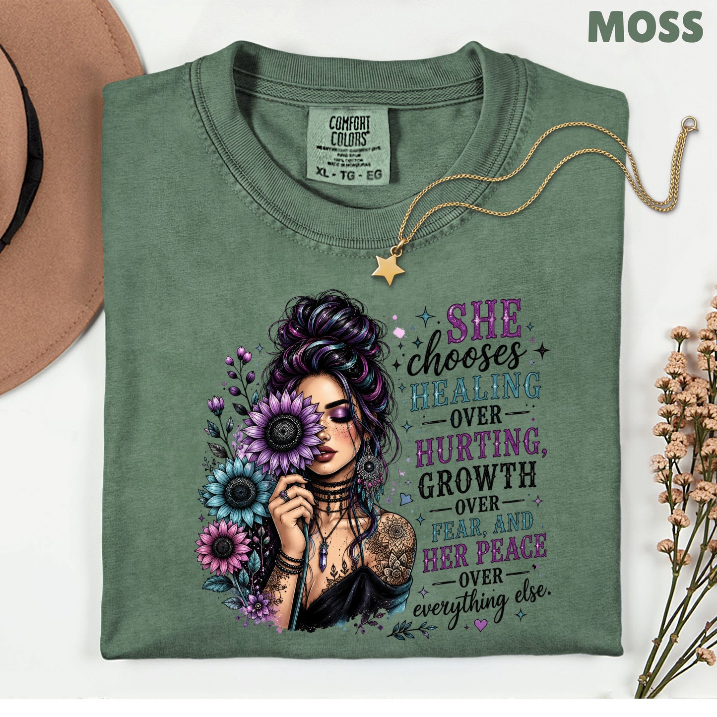 Inspirational Healing Woman She Chooses Healing Over Hurting T-Shirt, Floral Messy Bun Sunflower Tee