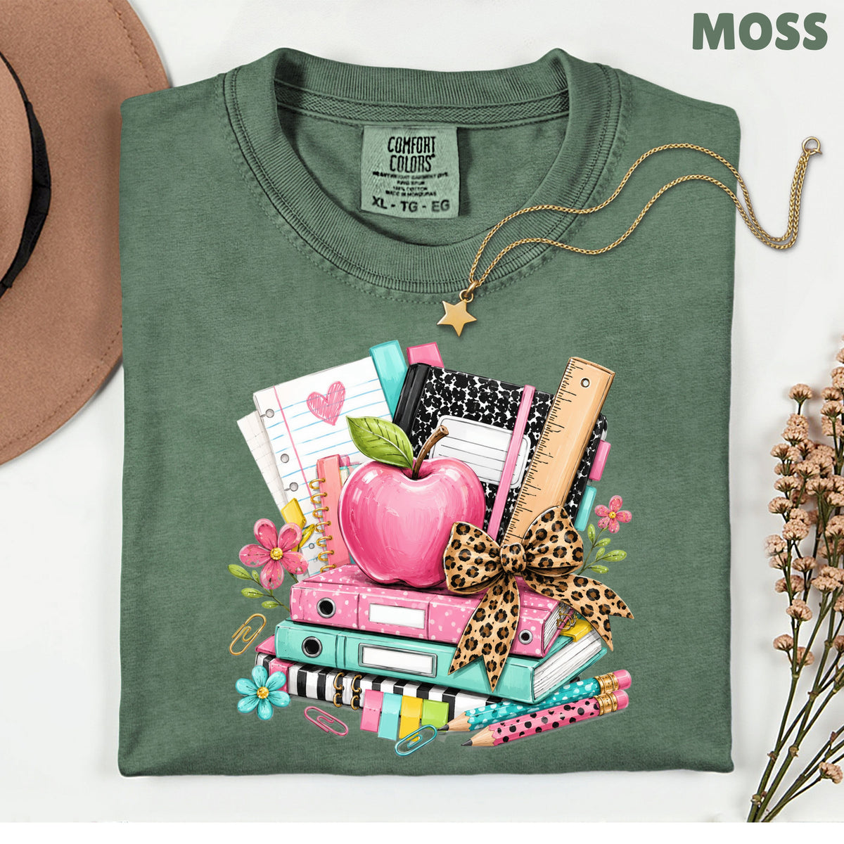 Pink Apple School Supplies T-Shirt, Books Leopard Bow Back to School Teacher Tee