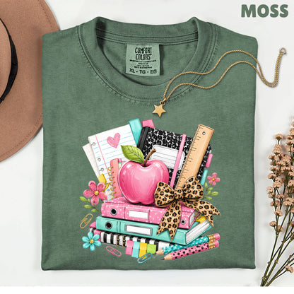 Pink Apple School Supplies T-Shirt, Books Leopard Bow Back to School Teacher Tee