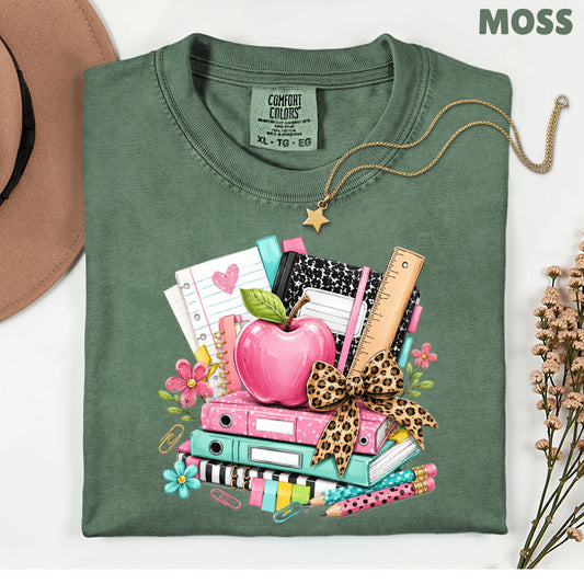 Pink Apple School Supplies T-Shirt, Books Leopard Bow Back to School Teacher Tee