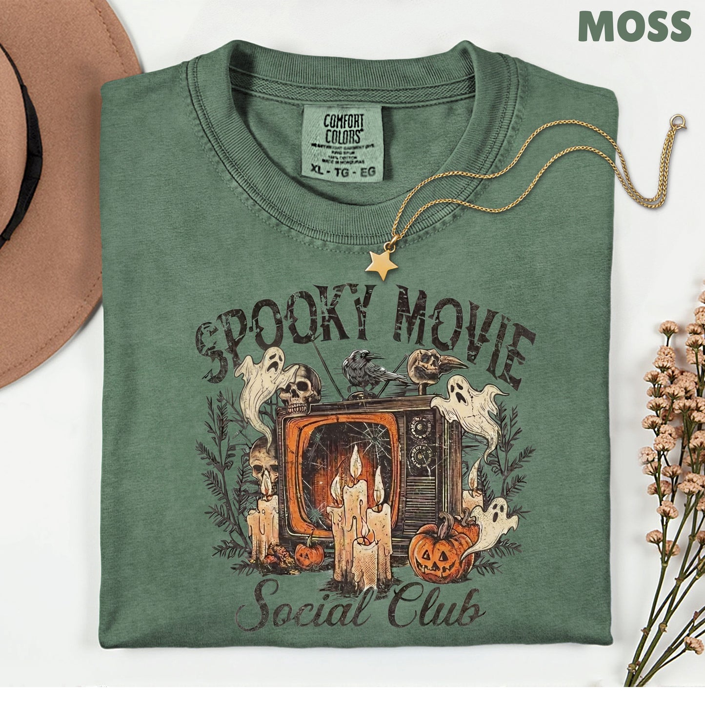 Spooky Movie Social Club Vintage Horror T-Shirt, Ghosts Pumpkin Candles Halloween Tee