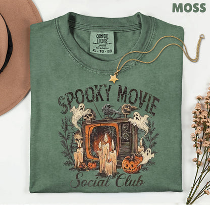 Spooky Movie Social Club Vintage Horror T-Shirt, Ghosts Pumpkin Candles Halloween Tee