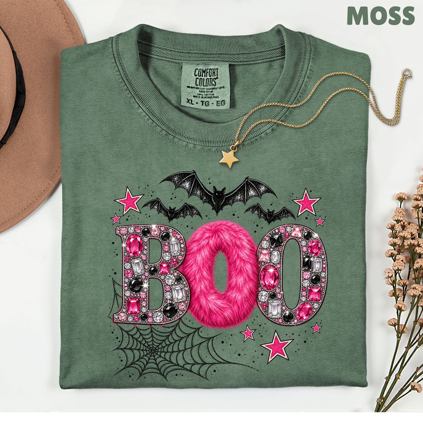 Boo Pink Glitter Bats Halloween T-Shirt, Spider Web Sparkle Comfort Color Tee