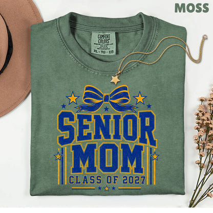Senior Mom 2027 Royal Blue Yellow Cheer Bow T-Shirt, Varsity Graduation Mother Tee