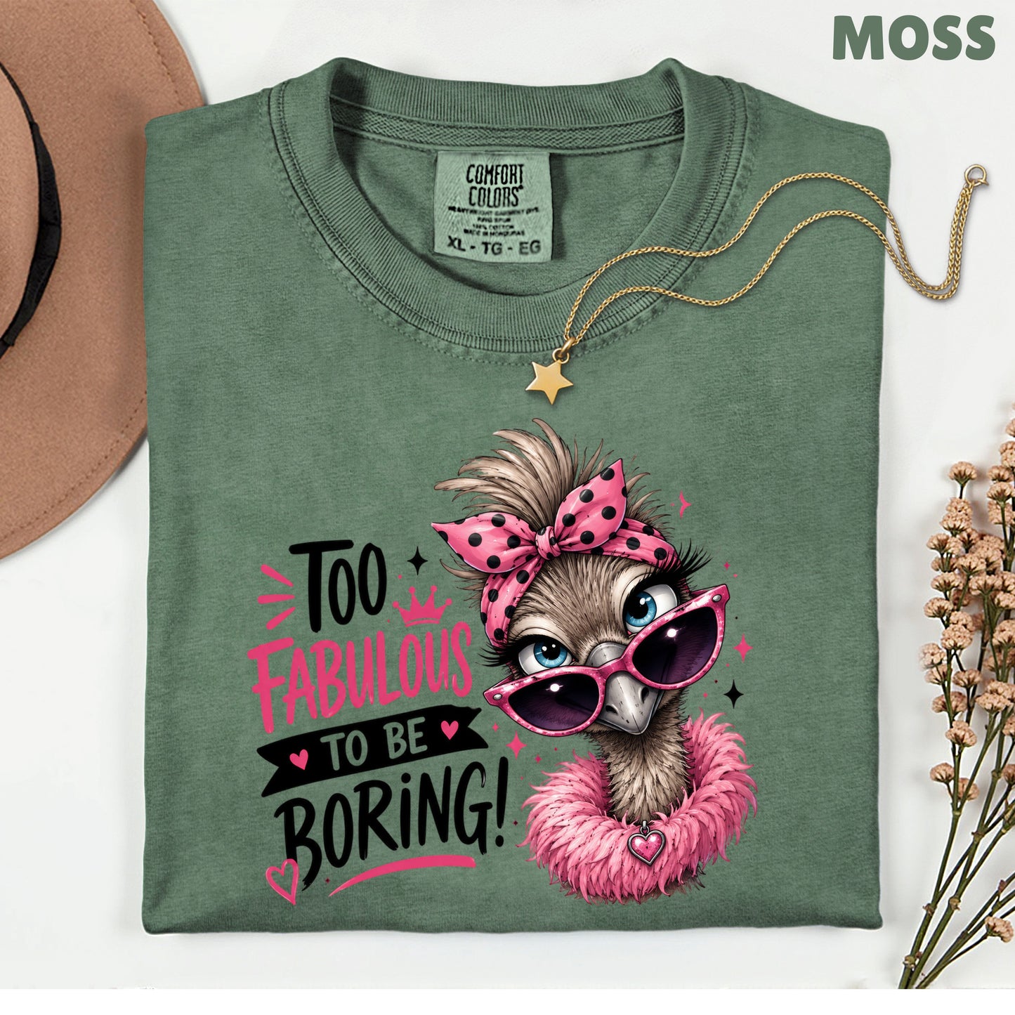Funny Ostrich Too Fabulous to Be Boring T-Shirt, Sassy Emu Pink Bow Sunglasses Feather Boa Tee