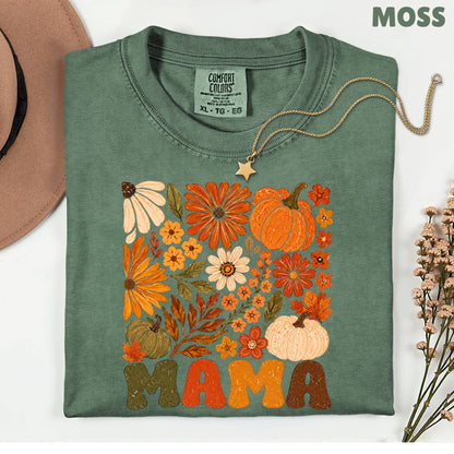 Mama Fall Floral Pumpkins T-Shirt, Retro Groovy Autumn Flowers Thanksgiving Comfort Color Tee