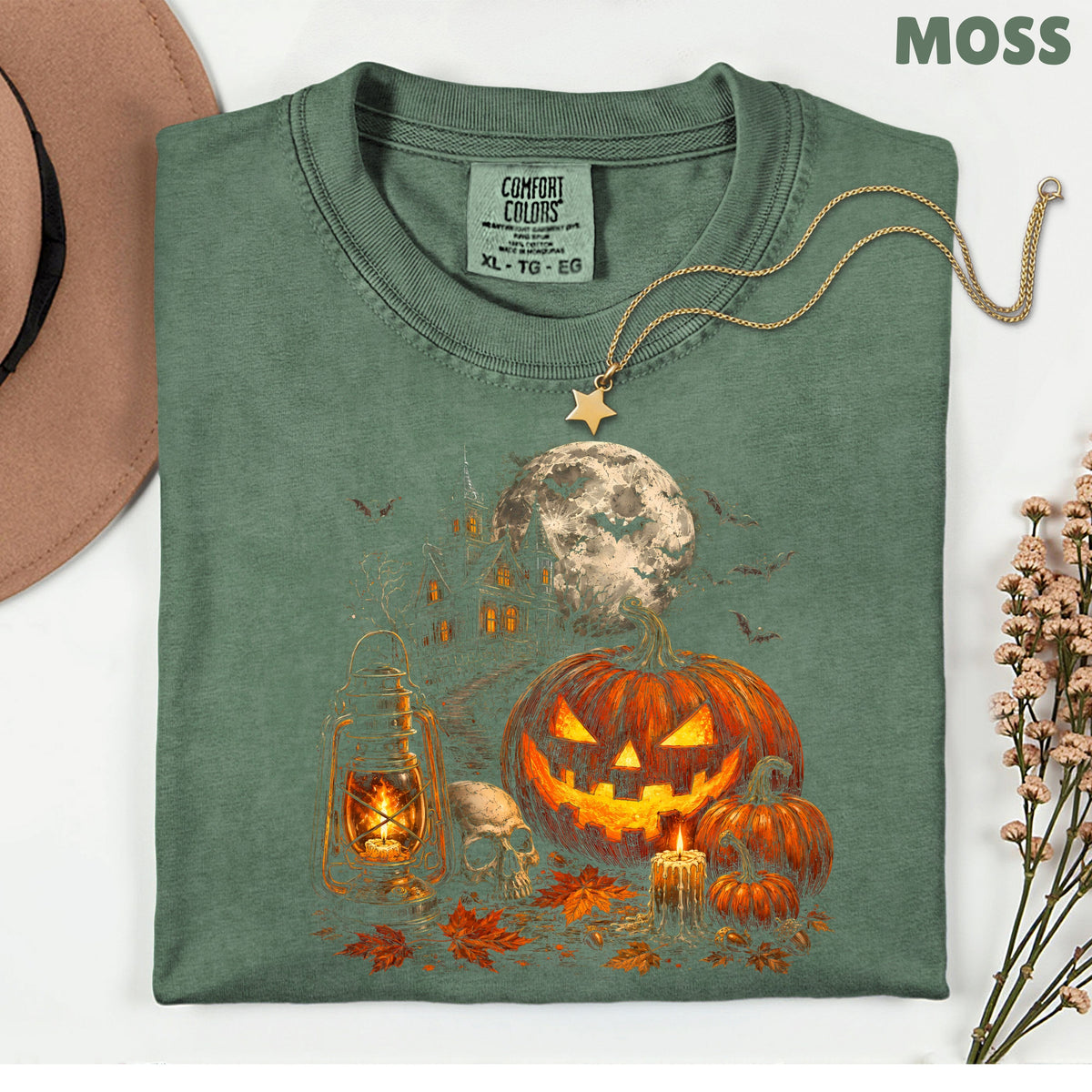 Vintage Haunted House Halloween T-Shirt, Pumpkin Lantern Jack O Lantern Spooky Autumn Tee