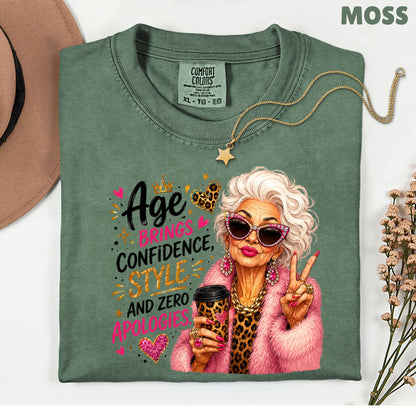 Age Brings Confidence Senior Woman T-Shirt, Fabulous Glam Leopard Coffee Comfort Color Tee