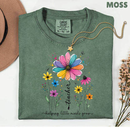 Teacher Helping Little Minds Grow Wildflower T-Shirt, Floral Teacher Quote Tee