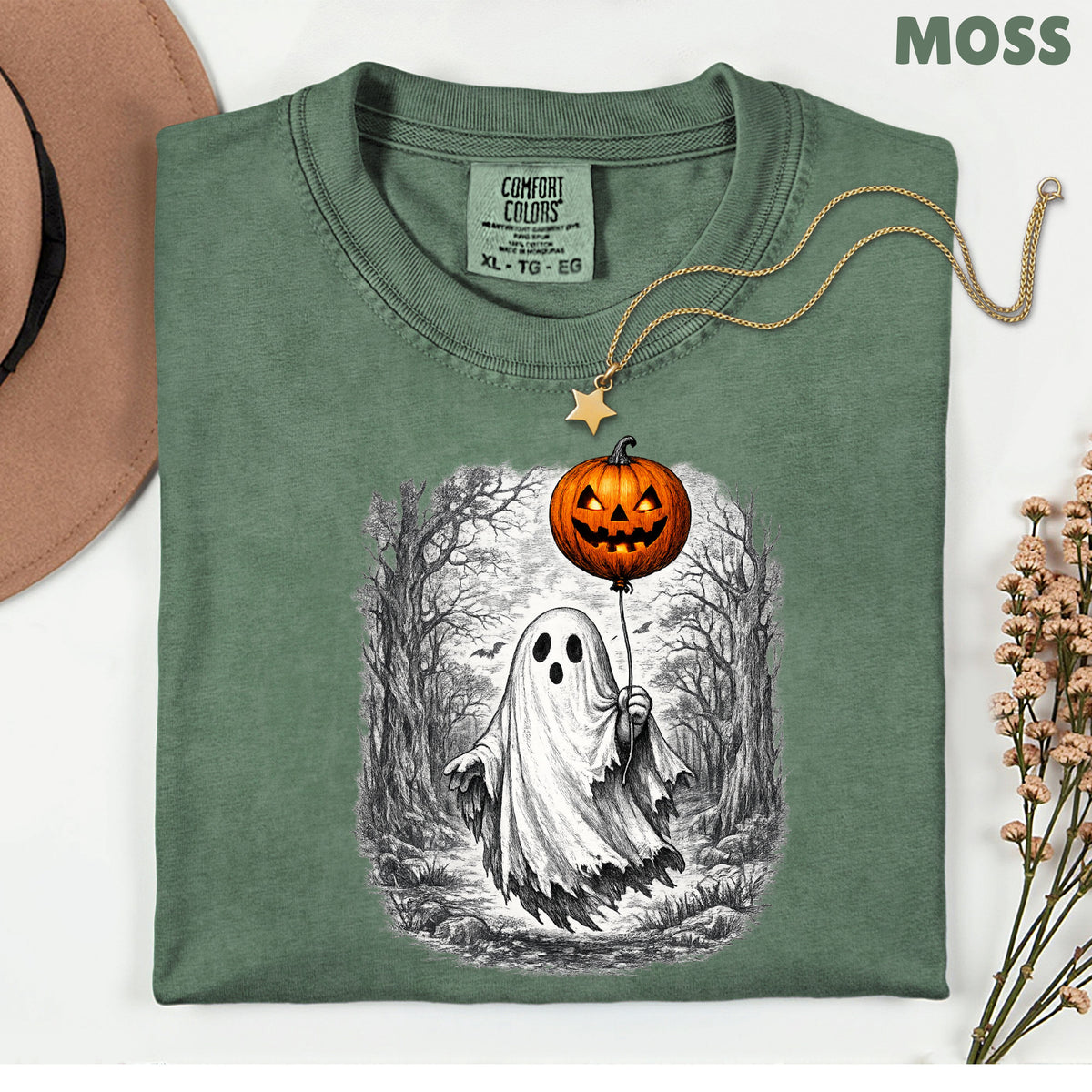 Vintage Halloween Ghost Pumpkin Balloon T-Shirt, Spooky Forest Retro Tee
