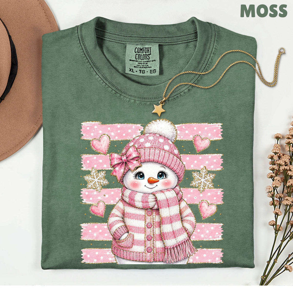 Cute Pink Snowgirl Winter T-Shirt, Snowman Beanie Bow Pink Stripes Hearts Tee
