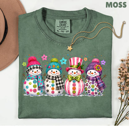 Christmas Colorful Snowmen T-Shirt, Cute Winter Snowman Beanies Scarves Holiday Tee
