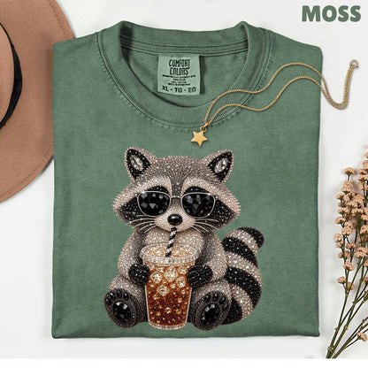Cool Raccoon Iced Coffee T-Shirt, Sunglasses Trash Panda Rhinestone Tee Sweatshirt