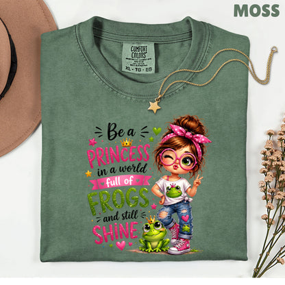 Be a Princess Frog Girl T-Shirt, Cute Messy Bun Pink Green Quote Tee