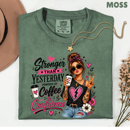 Stronger Than Yesterday Messy Bun Coffee Girl T-Shirt, Pink Hearts Inspirational Tee