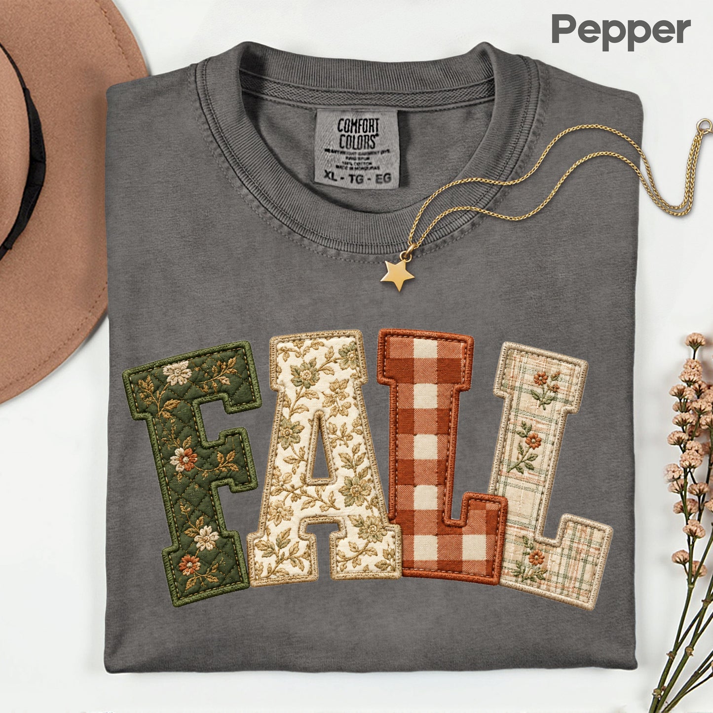Fall Patchwork Chenille Letters T-Shirt, Quilted Plaid Autumn Thanksgiving Comfort Color Tee