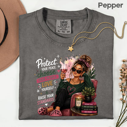 Inspirational Self Care Girl Protect Your Peace T-Shirt, Love Yourself Wine Woman Quote Tee