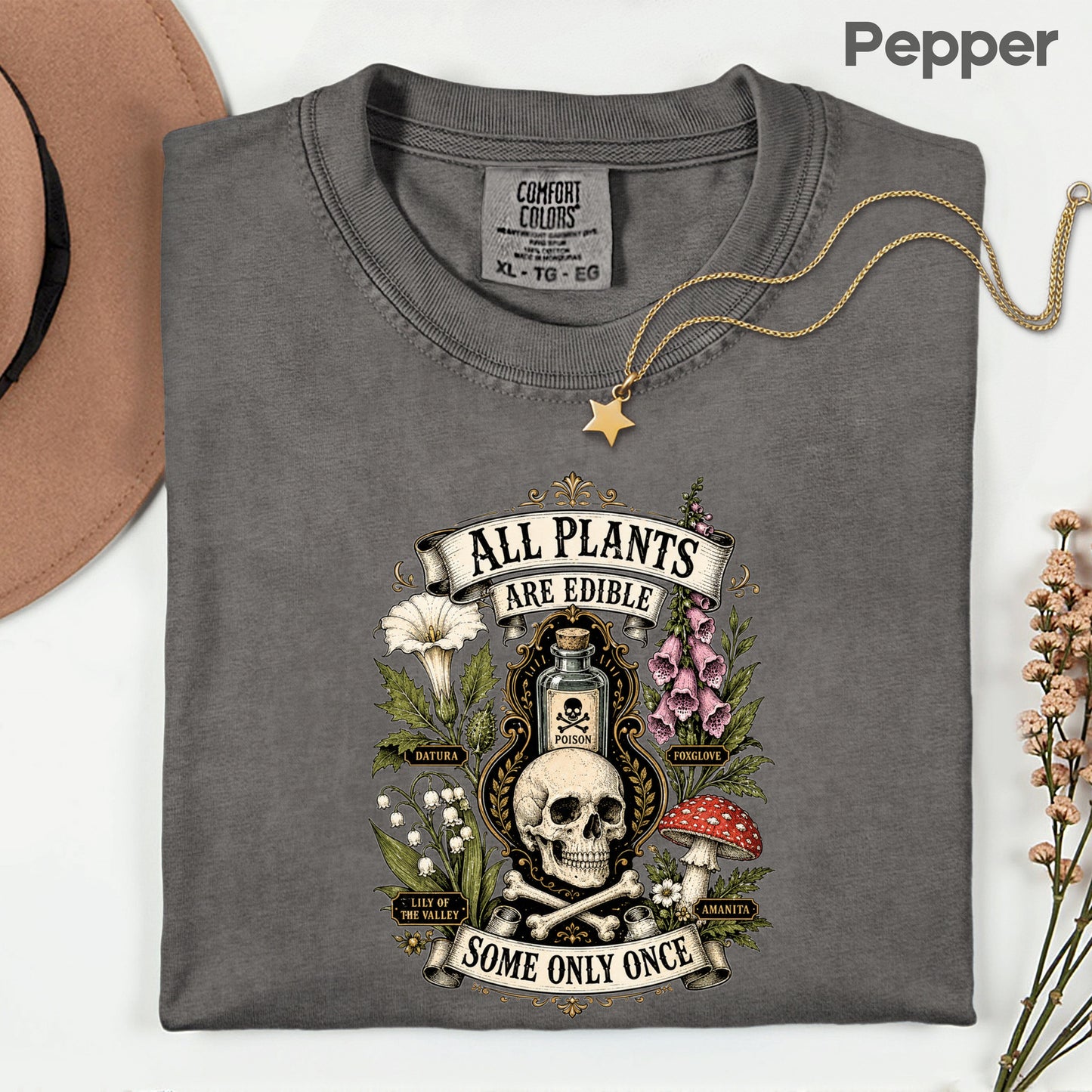 Funny Botanical All Plants Are Edible T-Shirt, Poisonous Mushroom Skull Vintage Tee
