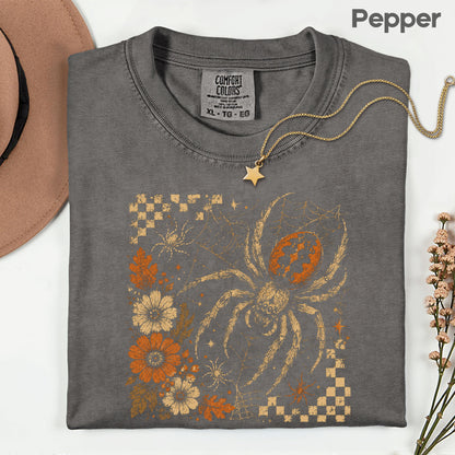 Vintage Fall Halloween Spider T-Shirt, Floral Spiderweb Checkered Spooky Season Tee