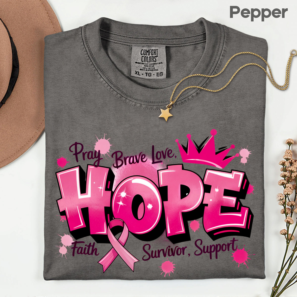 Breast Cancer Hope Pink Ribbon T-Shirt, Survivor Awareness Support Comfort Color Tee