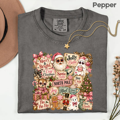 Cozy Pink Christmas Collage T-Shirt, Santa Reindeer Gingerbread Nutcracker North Pole Holiday Tee