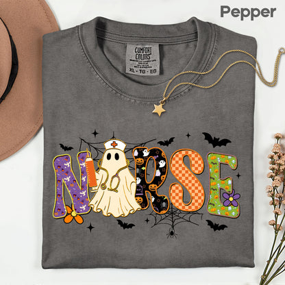 Halloween Nurse Ghost T-Shirt, Spooky Nurse Life Hat Syringe Bats Tee