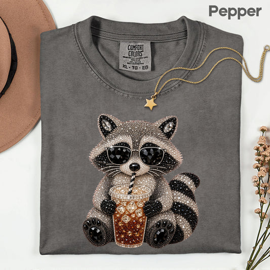 Cool Raccoon Iced Coffee T-Shirt, Sunglasses Trash Panda Rhinestone Tee Sweatshirt