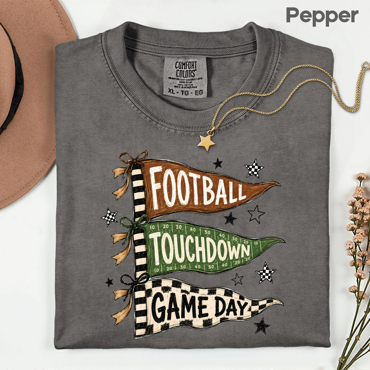 Football Game Day Pennants T-Shirt, Touchdown Flags Stars Sports Comfort Color Tee