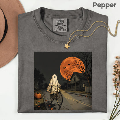 Ghost Riding Bike Halloween T-Shirt, Haunted House Orange Harvest Moon Tee Sweatshirt