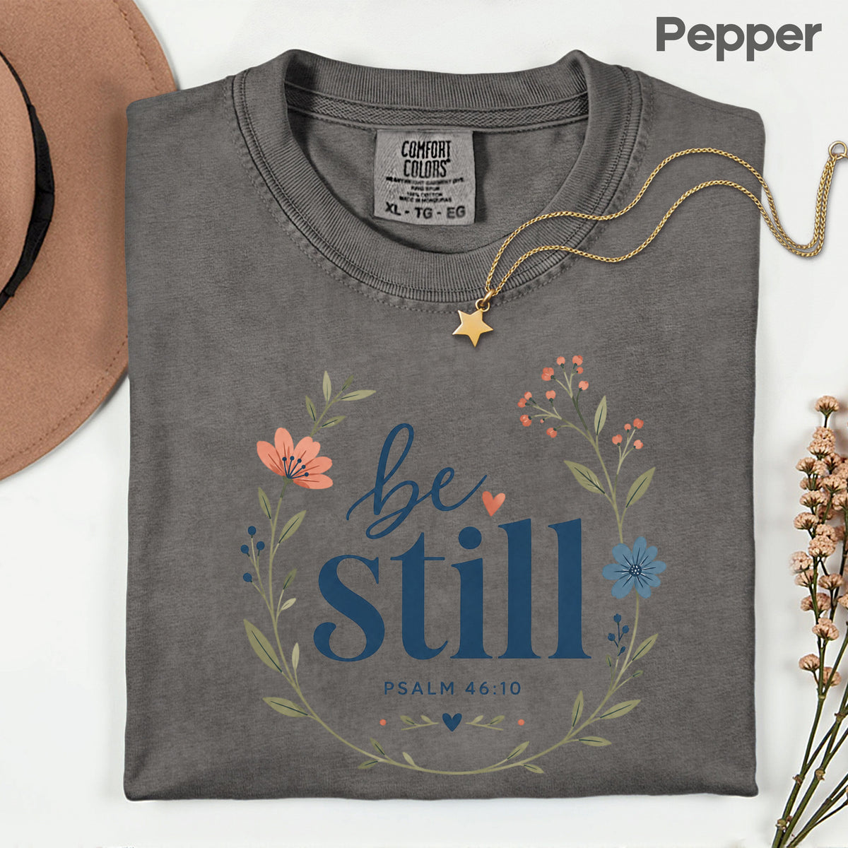 Be Still Psalm 46:10 Christian T-Shirt, Floral Wreath Bible Verse Faith Inspirational Tee