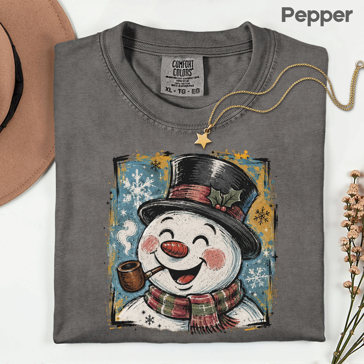 Vintage Snowman Christmas T-Shirt, Top Hat Pipe Snowflakes Scarf Comfort Color Tee