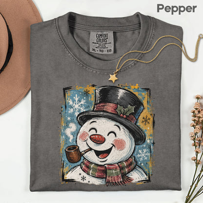 Vintage Snowman Christmas T-Shirt, Top Hat Pipe Snowflakes Scarf Comfort Color Tee