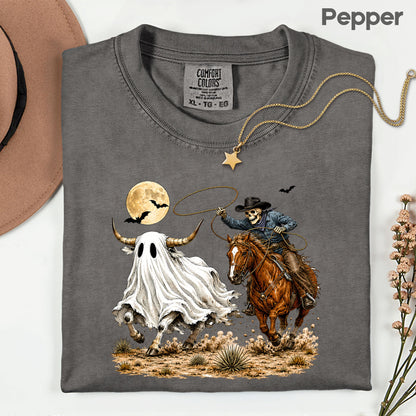 Halloween Skeleton Cowboy Ghost T-Shirt, Western Rodeo Bull Lasso Spooky Tee