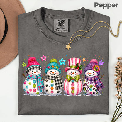 Christmas Colorful Snowmen T-Shirt, Cute Winter Snowman Beanies Scarves Holiday Tee