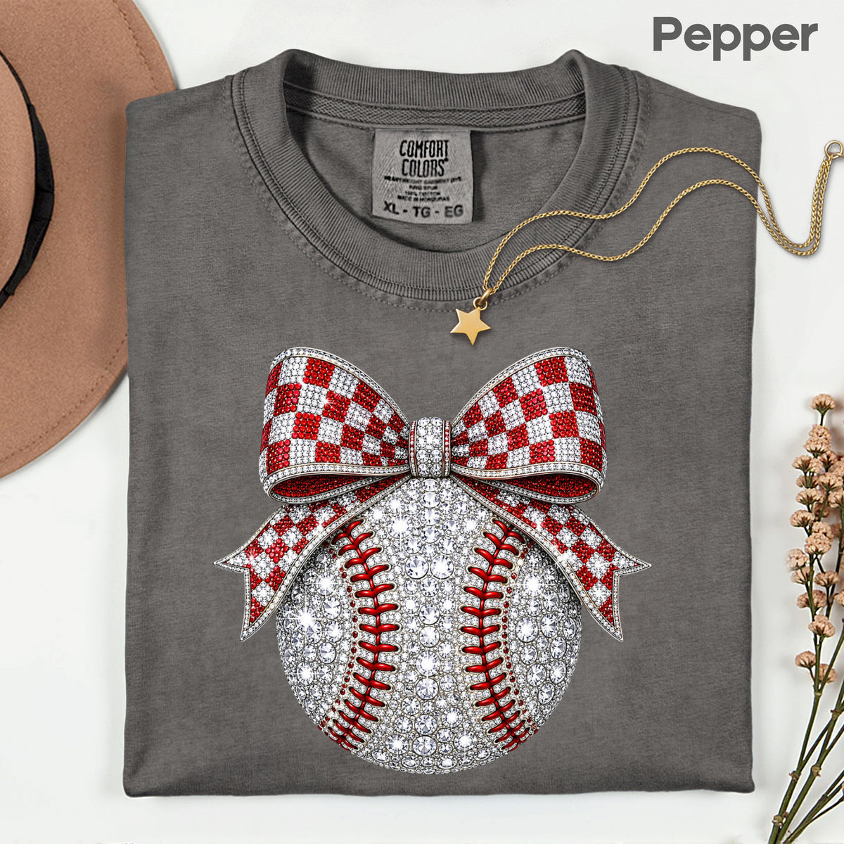 Coquette Baseball Sparkle T-Shirt, Red Checkered Bow Sports Mom Girl Tee