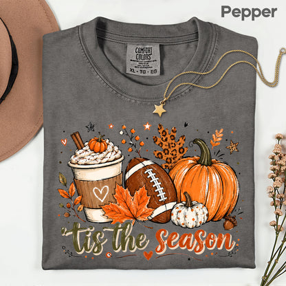 Tis the Season Football Fall T-Shirt, Pumpkin Spice Coffee Thanksgiving Tee