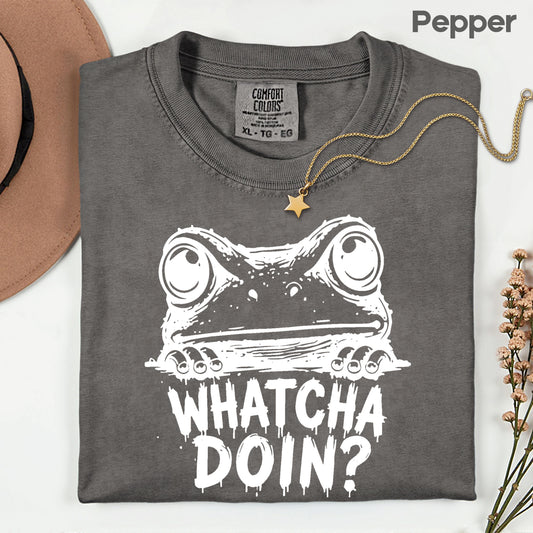 Whatcha Doin Frog Funny Peeking T-Shirt, Black White Cute Frog Tee