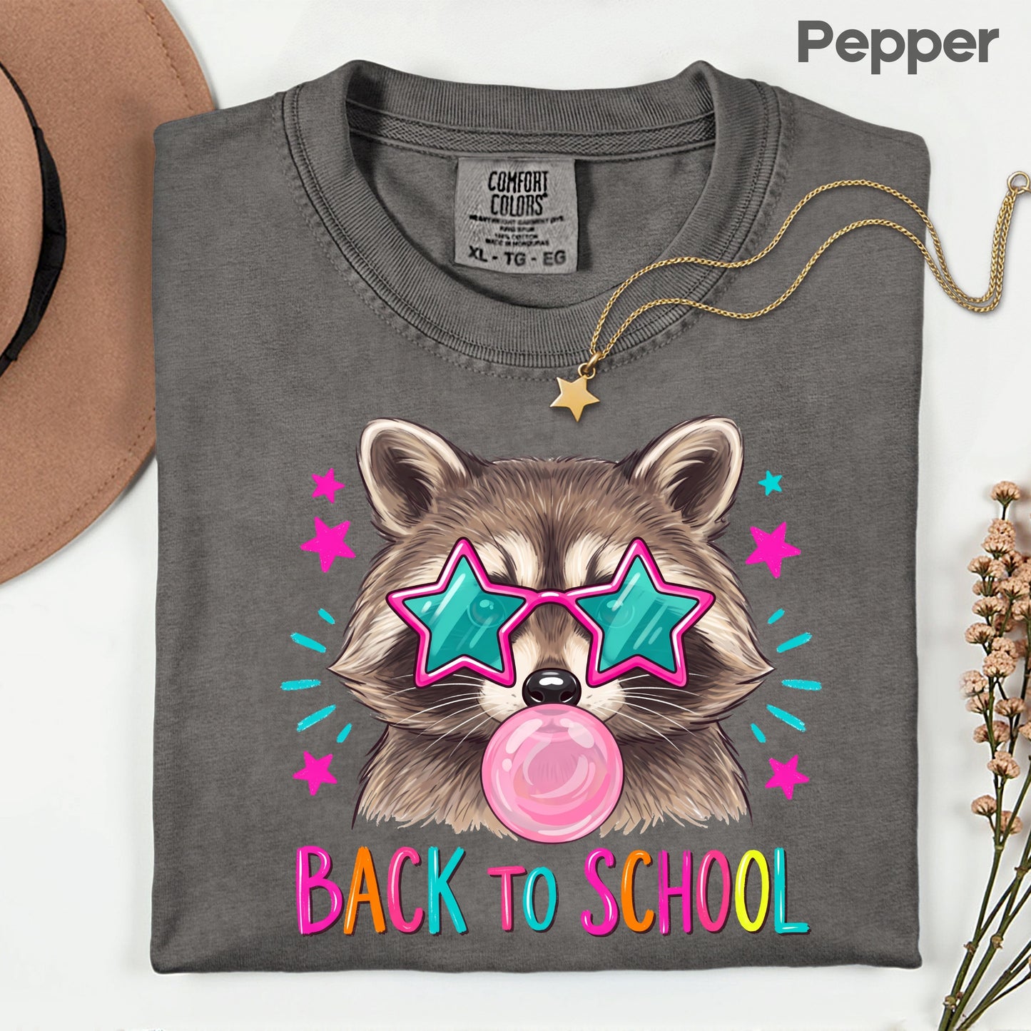 Back to School Raccoon T-Shirt, Star Sunglasses Bubblegum Trash Panda Comfort Color Tee