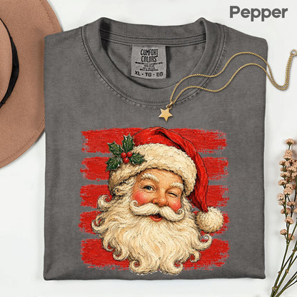 Vintage Winking Santa Christmas T-Shirt, Retro Red Stripes Nostalgic Holiday Comfort Color Tee