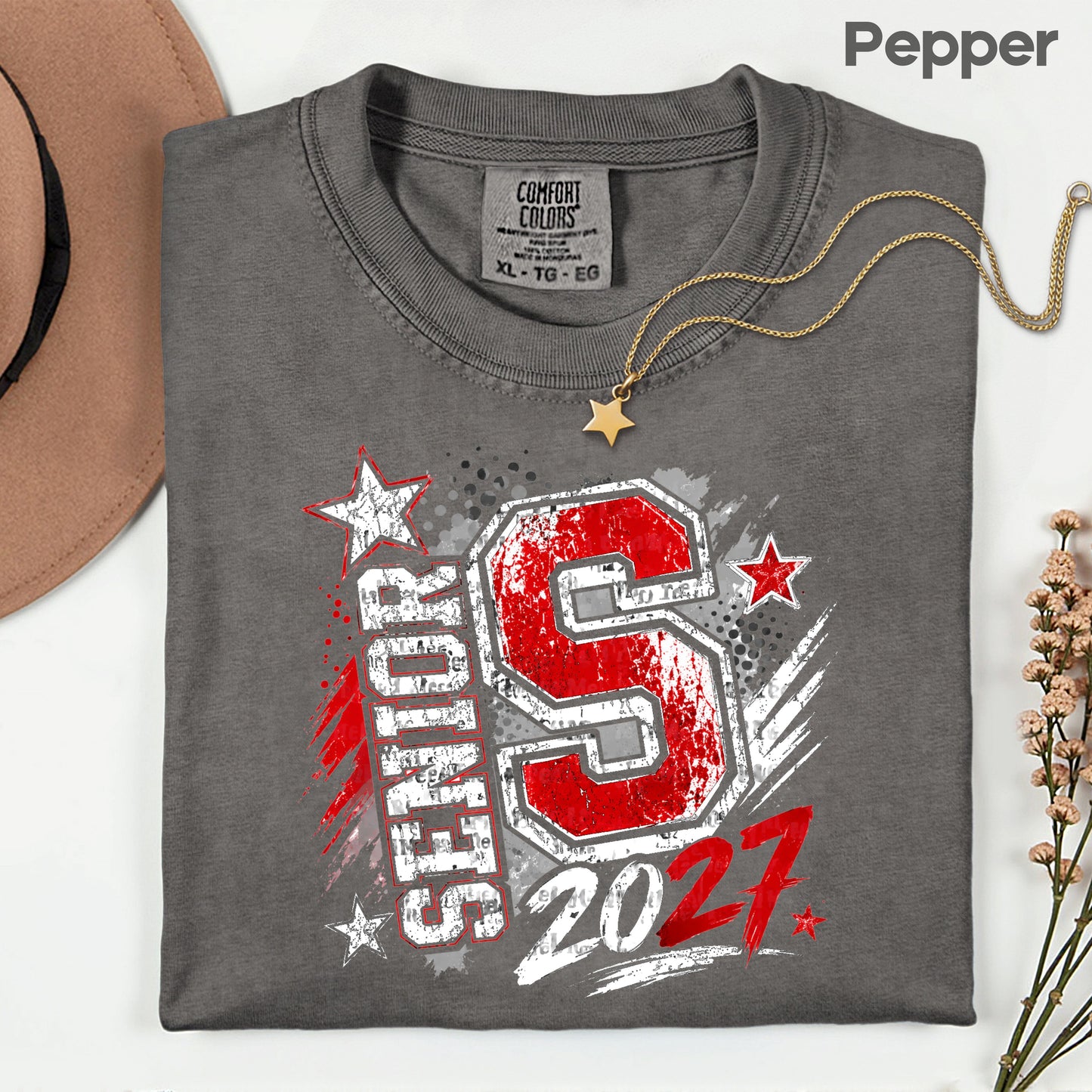 Senior 2027 Class of 2027 T-Shirt, Red Black Distressed Letter Graduation Tee