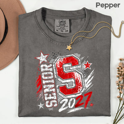 Senior 2027 Class of 2027 T-Shirt, Red Black Distressed Letter Graduation Tee