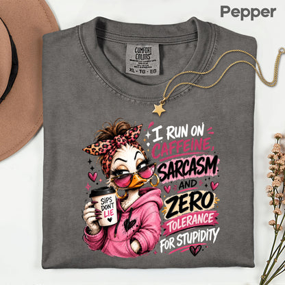 Funny Duck Caffeine T-Shirt, I Run on Caffeine Coffee Messy Bun Leopard Bow Women Tee