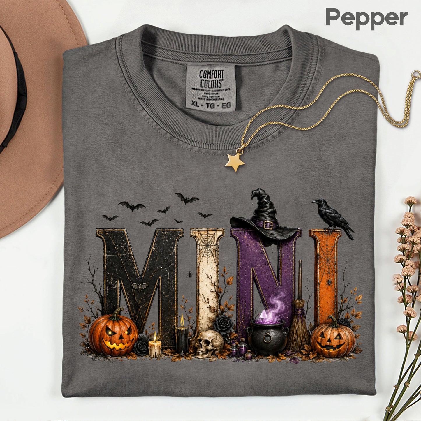 Mini Halloween Witch Hat Cauldron Pumpkin Kids T-Shirt, Spooky Season Tee