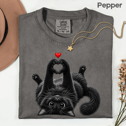 Black Cat Heart Hands T-Shirt, Cute Kitty Kitten Lover Heart Paws Love Tee