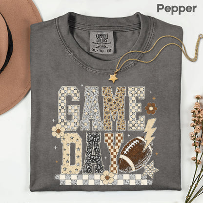 Game Day Leopard Football T-Shirt, Checkered Lightning Bolt Retro Western Tee Sweatshirt