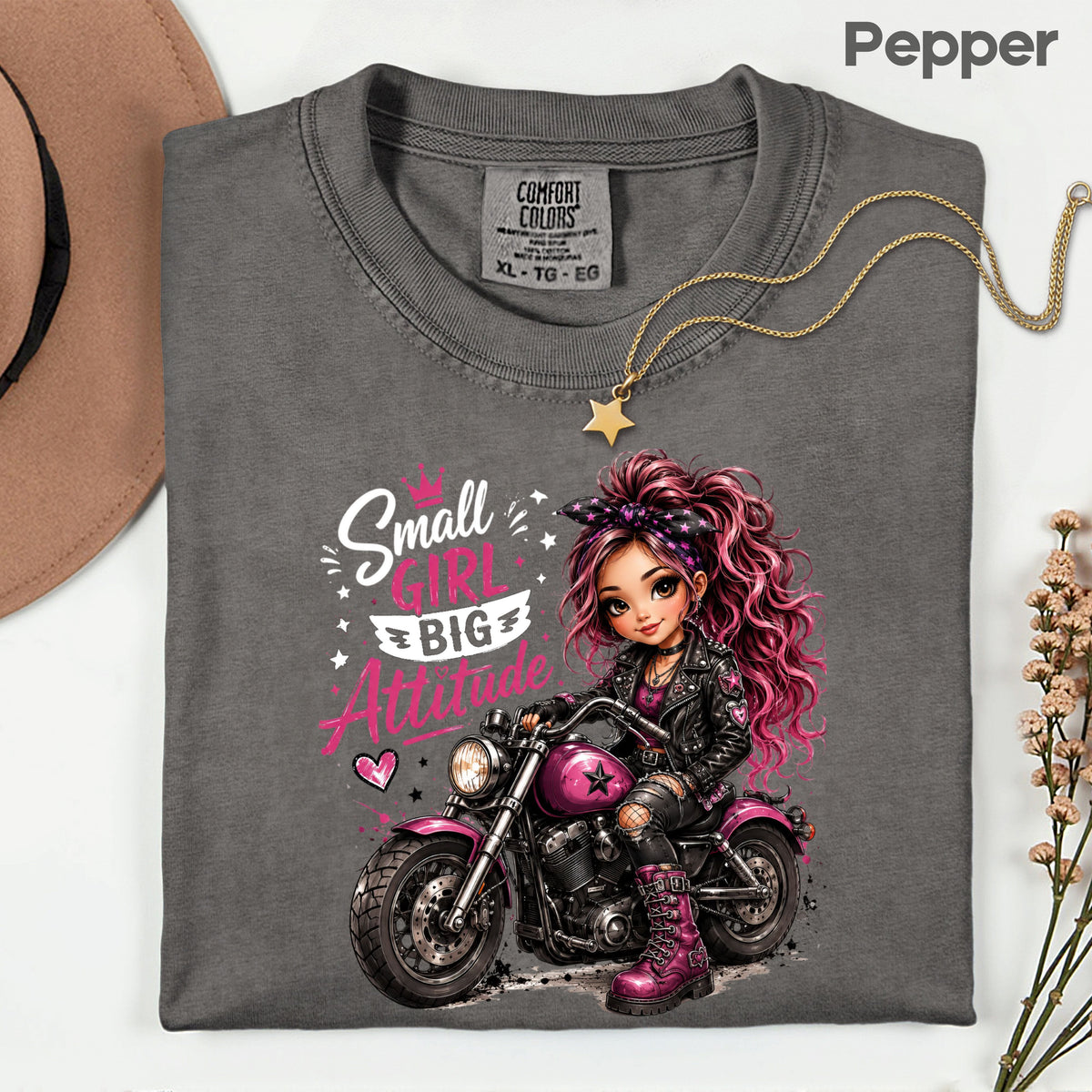 Small Girl Big Attitude Biker Girl T-Shirt, Pink Motorcycle Cute Rocker Tee