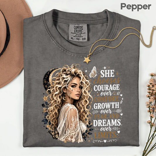 She Chooses Courage Inspirational T-Shirt, Blonde Woman Butterfly Crescent Moon Tee Sweatshirt