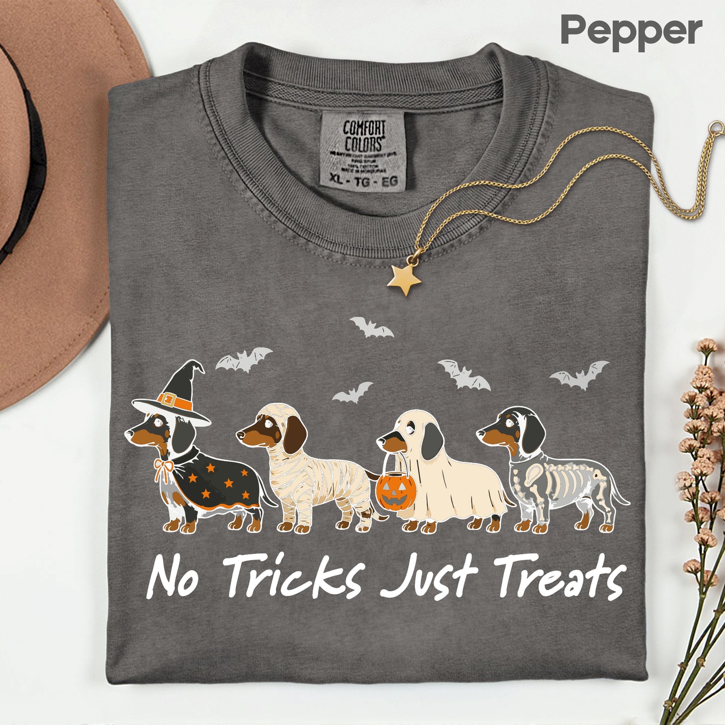 Dachshund Halloween Comfort Colors T Shirts No Tricks Just Treats Costume Tee Cute Ghost Mummy Witch Skeleton Dog Shirt Spooky Wiener Dog Hoodie