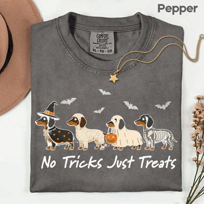 Dachshund Halloween Comfort Colors T Shirts No Tricks Just Treats Costume Tee Cute Ghost Mummy Witch Skeleton Dog Shirt Spooky Wiener Dog Hoodie