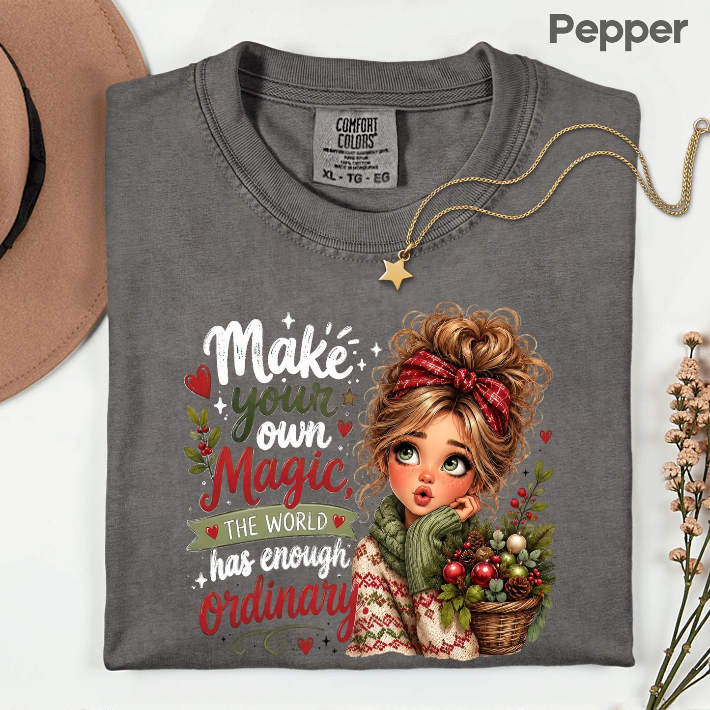 Make Your Own Magic Christmas Messy Bun Girl T-Shirt, Festive Holiday Quote Comfort Color Tee